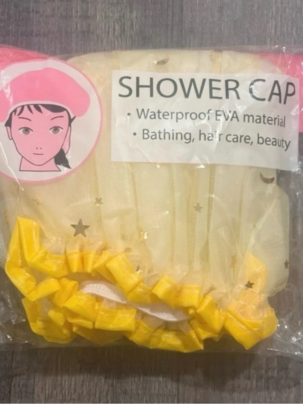 💞 New Yellow Gold Star Shower Cap Bonnet with Yellow Gold Trim